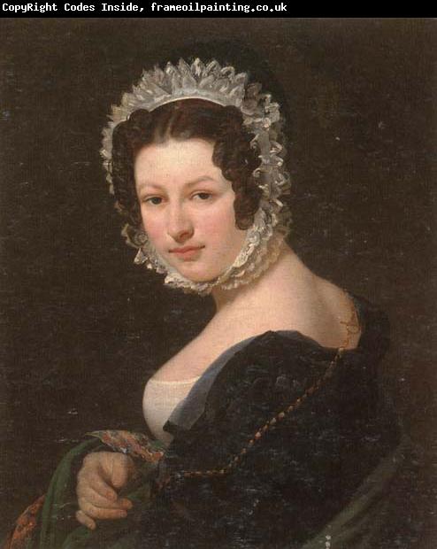 unknow artist Portrait of a young lady,half-length,wearing a black dress,with a green mantle,and a lace bonnet
